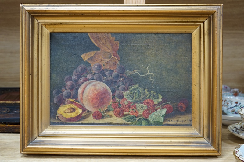 H. Snelling, oil on canvas, Still life of fruit, signed and dated 1909, 19 x 29cm, gilt framed. Condition - fair